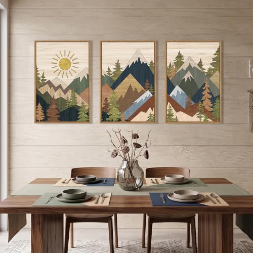 Large Abstract Mountain Woodcut Framed Canvas Wall Art,Vintage Pine Tree Wall Decor,Rustic Nature Forest Painting,Neutral Artwork for Living Room,Bedroom,Dining Room,Farmhouse -16"x24"x3 - color: Abstract Woodcut Wall Art, size: 16"L x 24"W