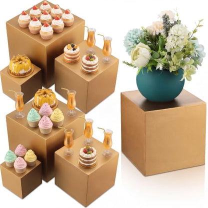 BBTO 6 Pcs Wooden Gold Buffet Risers 3 Sizes Gold Stands for Dessert Table
