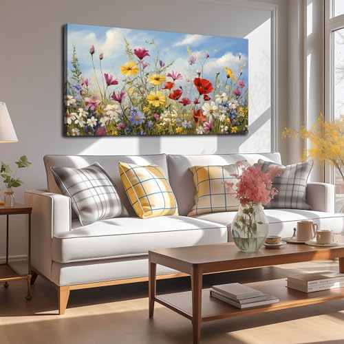 Flower Wall Art for Bedroom Teen Girl Colorful Artwork for Wall - color: Yellow Red White, size: 40"L x 20"W