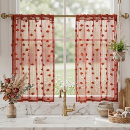 MYSKY HOME Terracotta Boho Sheer Curtains 24 inch Length,2 Panels - color: Terracotta, size: 26"W x 24"L (Pack of 2)