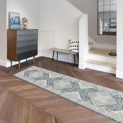 2x8 Washable Runner Hallway Rug Blue Beige Multi - color: Blue-beige-multi, size: 2' x 8'