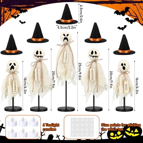 VioraWhite Set of 5 Halloween Primitive Ghost Indoor Decorations with Hat