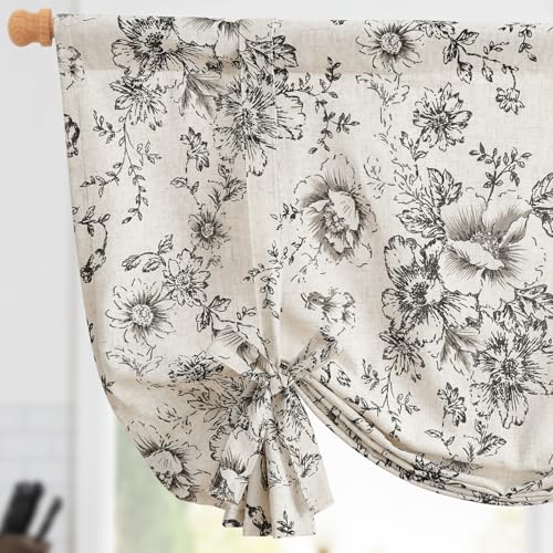 jinchan Alice Linen Kitchen Window Valance, Tie up, 42x54, 1 Panel, Black - color: Alice | Black on Linen, size: 42"W x 54"L (Pack of 1)