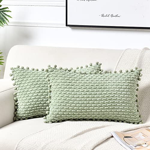Fancy Homi Set of 2 Sage Green Lumbar Decorative Throw Pillow Covers 12x20 Inch with Pom-poms for Couch Bed Sofa, Modern Farmhouse Boho Home Decor, Soft Plush Corduroy Rectangle Cushion Case 30x50 cm - color: Sage Green, size: 20" x 12" (Pack of 2)