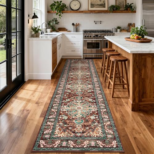 U'Artlines 3' x 12' Boho Hallway Runner Rug, Washable Carpet, Rust＆Teal - color: Rust＆teal, size: 3' x 12' (Runner)