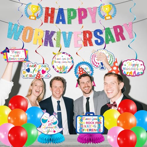 Work Anniversary Decorations: Happy Anniversary Banner Happy Anniversary Decorations with Hanging Swirls Honeycomb Centerpieces Balloons Office Employee Worker Appreciation Decor