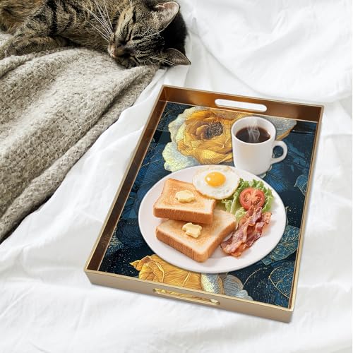 Serving Tray with Handles, 15.7 * 11.8 inches, Plastic Ottoman Tray with Exquisite Paintings, Trays for Coffee Table - color: Golden Rose Night