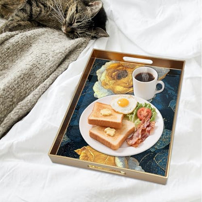 Serving Tray with Handles, 15.7 * 11.8 inches, Plastic Ottoman Tray with Exquisite Paintings, Trays for Coffee Table - color: Golden Rose Night