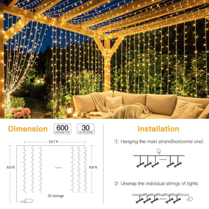 Ollny Curtain Lights 600 LED 19.7x9.8ft, Outdoor Waterproof String Lights - color: Warm White, size: 600 LED