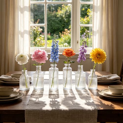 Mini Ribbed Glass Bud Vases Set of 12, Small Fluted Glass Flower Vases for Wedding Reception Centerpieces, Tabletop Decorations, Modern Home Decor
