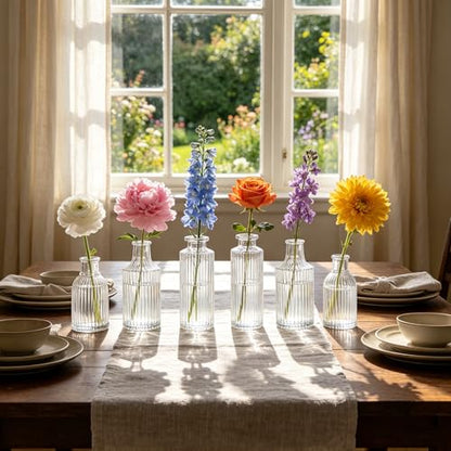 Mini Ribbed Glass Bud Vases Set of 12, Small Fluted Glass Flower Vases for Wedding Reception Centerpieces, Tabletop Decorations, Modern Home Decor