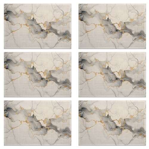 Placemats Set of 6, Abstract White Marble Texture Linen Placemats 12x18 Inch, Heat Resistant Table Mats, Washable Non Slip Place Mats for Dining Table Kitchen Home - color: Abstract White Marble Texture