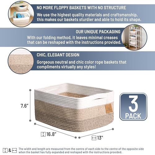 NaturalCozy Storage Baskets 16.8”x13”x7.6” Cotton Rope Woven Baskets for Organizing 3-Pack | Toy Storage Bins | Basket for Shelves, Laundry, Blanket, Clothes, Closet, Kitchen, Bathroom, Gifts - color: 3-Tone Brown