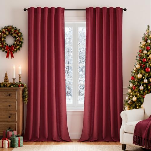 MIULEE Thick Linen Curtains, 42Wx96L, Back Tab, Burgundy Red Semi Sheer - color: Burgundy Red, size: 42"W x 96"L (Pack of 2)