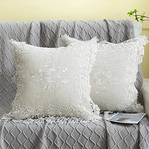 Embroidered Floral Throw Pillow Covers 18”x18“, White Rose - color: White Rose