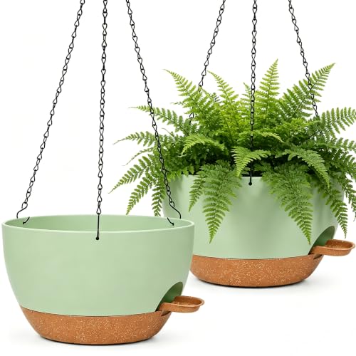 2 Pack 10 Inch Self Watering Hanging Planters for Indoor Plants, Large Green Brown Plastic Hanging Pots with Chains for Outdoor Patio Garden Home Decor (Green Brown) - color: Green Brown, size: 2 pack 10 inches