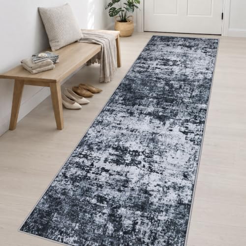 3x14 Washable Runner Rug：Modern Abstract Kitchen Carpet Black - color: Black, size: 3' x 14' (Rectangular)