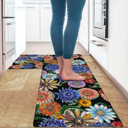 Feelyou Boho Floral Kitchen Rugs Sets 2PCS - color: Pink Green Yellow