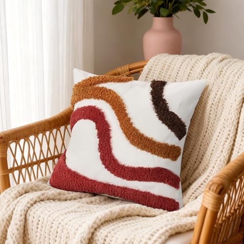 Boho Tufted Abstract Throw Pillow Covers 18x18 Inch, Orange Red - color: Warm Ember Flow Tufted