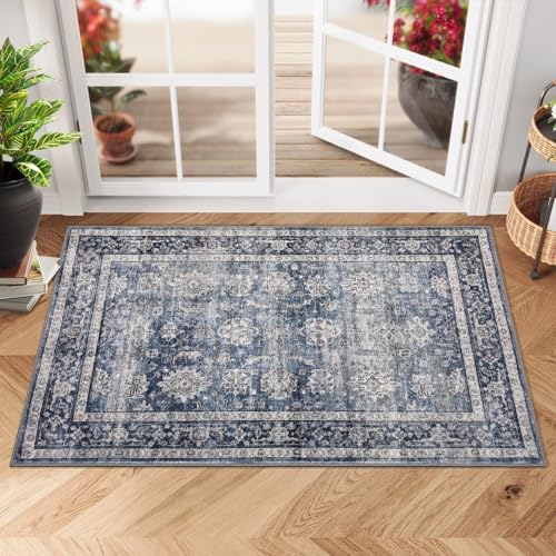 GarveeHome Area Rugs 2x3 Vintage Printed Floor Carpet with Non-Slip Backing, Stain-Resistant Oriental Throw Doormat, Washable Farmhouse Low Pile Rugs for Living Room, Bedroom, Office, Blue - color: Denim / Multi, size: 2' x 3' (Rectangular)