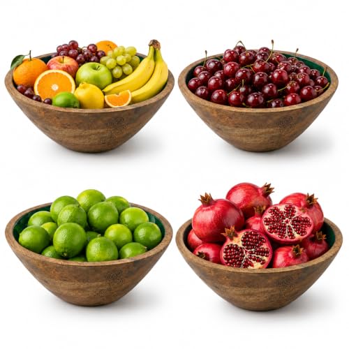 Green Wooden Decorative Bowl, Mango Wood Bowl Decor, High-Gloss Interior