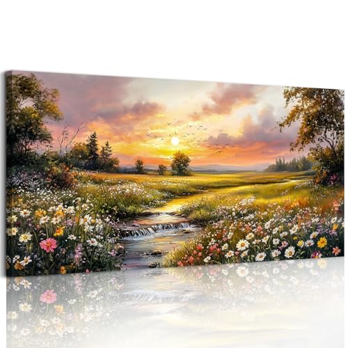 crmotu Nature Landscape Wall Art, Sunset Wildflowers Pictures 20X40 In - color: River Flowing Sunset, size: 40"L x 20"W