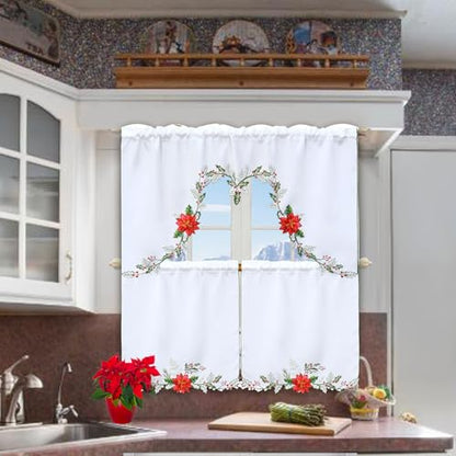Simhomsen Embroidered Poinsettia Kitchen Window Curtain Swag and Tiers Set for Christmas Holiday (Poinsettia) - color: Poinsettia