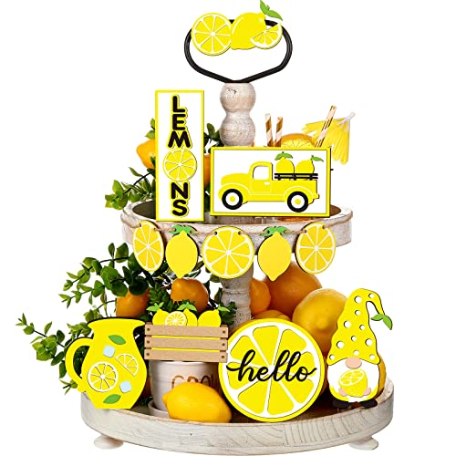 12 Pcs Lemon Tiered Tray Decor Set Gnome Fresh Lemonade Wooden Sign - style: Lemon