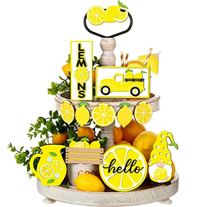 12 Pcs Lemon Tiered Tray Decor Set Gnome Fresh Lemonade Wooden Sign - style: Lemon