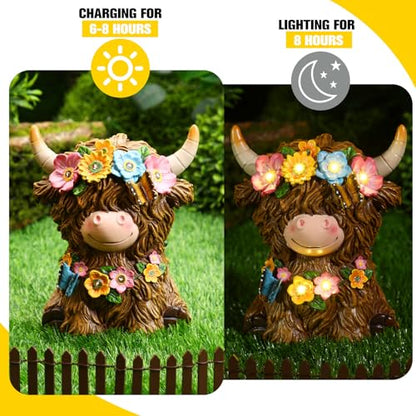 Colingmill 2 Pack Highland Cow Solar Lights Spring Easter Highland Cow Garden Resin Statue with Flower Decoration Solar Outdoor Decor for Patio Yard, Ideal Gift for Mom and Women