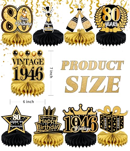 9 Pcs 80th Birthday Decoration for Men Women Table Honeycomb Eighty Decor - color: 80th-black and Gold