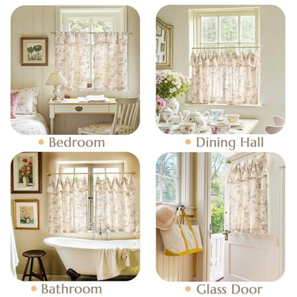 jinchan Taupe Floral Kitchen Tier Curtains with Valance, 24 Inch, 2 Panels - color: Alisa Taupe, size: 30"W x 24"L (Pack of 2)