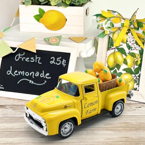 Lemon Truck Decor, Farmhouse Yellow Pickup Truck with Lemons, Tiered Tray Tabletop Decoration, Summer Lemon Kitchen Shelf Decor, Rustic Vintage Home Accent - color: Yellow