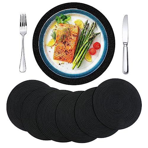 Set of 6 Round Woven Placemats,13.8 inch Cotton Plate Chargers Black Thick Tablemats Braided Tablemats for Dining Rattan Mats Weave Placemats for Table Decoration - color: Black, size: Round Set of 6