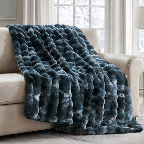 EverGrace Faux Rabbit Fur Bubble Throw Blanket, 60"x80", Marble Deep Indigo - color: Deep Indigo Marble, size: 60"x80"