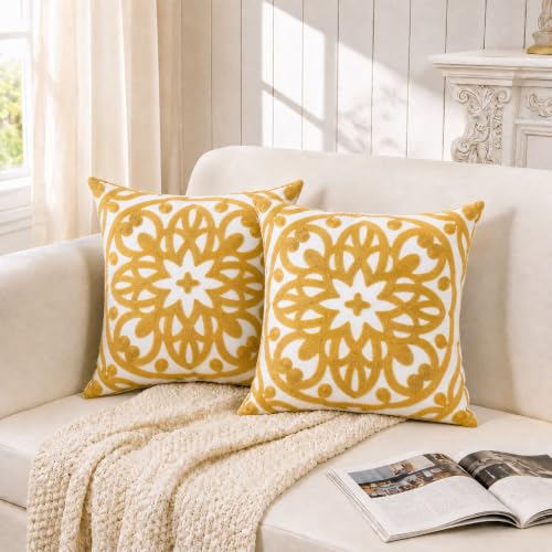 Alysheer Boho Embroidered Throw Pillow Cover 18"x18", 2pcs Mustard Yellow - color: Gold, size: 18" x 18" (Pack of 2)