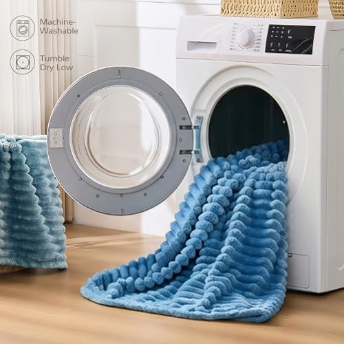 330GSM Ribbed Fleece Throw Blanket for Couch, Blue, 50"x60" - color: Blue, size: Throw(50"x60")