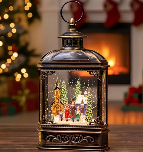 VISFLAIR Musical Snow Globe Lantern Lighted Church Carolers Christmas Village Snow Water Lantern Swirling Glittering Home Decoration and Gift, Battery Operated or USB Powered - color: 10.1'' Church Carolers
