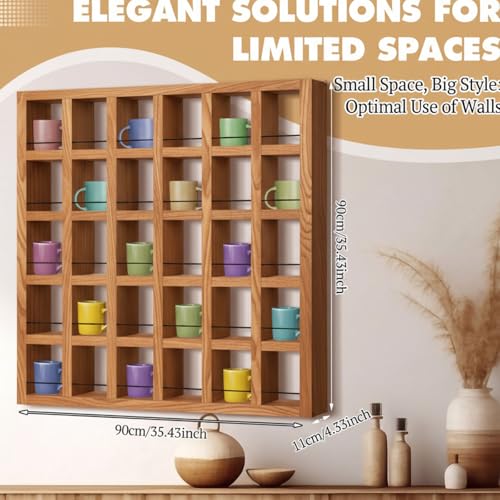 Kigley Oversize Coffee Mug Display Rack Wooden Shelves Rustic Shot Glass Display Case Travel Mug Shelf Wall Mounted Rack Holder Shadow Box (5 x 6,Light Nut-Brown) - color: Light Nut-brown, style: 5 x 6