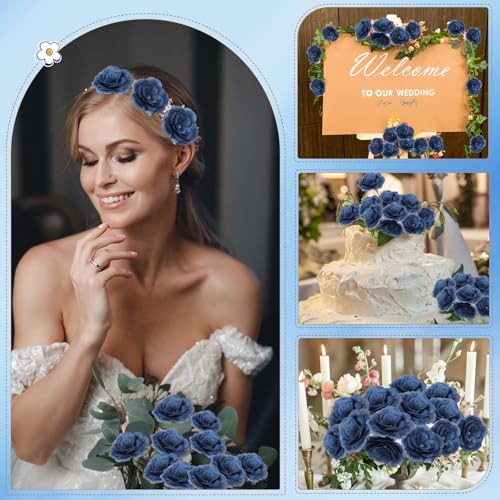 Yunlly 100 Pcs Blue Fake Silk Rose Flowers with Stems for Wedding - color: Navy Blue