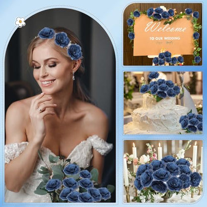 Yunlly 100 Pcs Blue Fake Silk Rose Flowers with Stems for Wedding - color: Navy Blue