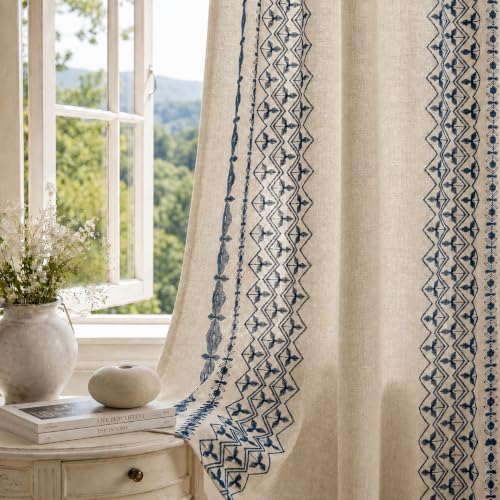 Deconovo Floral Linen Sheer Curtains 96 Inch Long for Living Room 2 Panels - color: Blue/Diamond Wave/Back Tab, size: 50"W x 96"L (Pack of 2)