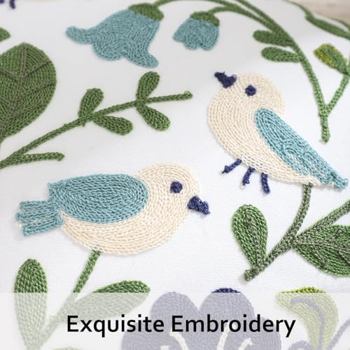 Embroidered Throw Pillow Covers 18x18 inch Pack of 2 Navy Blue Birds - color: Green Leaves With Birds