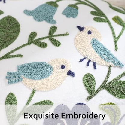 Embroidered Throw Pillow Covers 18x18 inch Pack of 2 Navy Blue Birds - color: Green Leaves With Birds