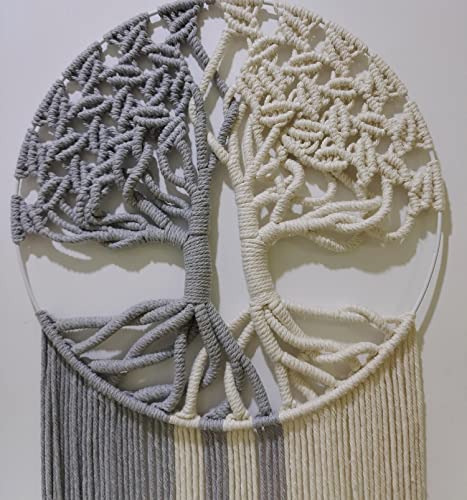 GUKALYLY Tree of Life Macrame Wall Hanging, Handmade Woven Boho Wall Art, Grey and White Round Macrame Wall Decor for Bedroom Nursery Apartment Dorm, Gift for Mom & Women, 13" W x 31.5" L