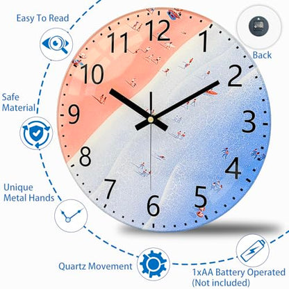 Unique Beach Wall Clocks Battery Operated - 10” Glass Analog Clock with Beach & Sea Pattern, Silent Non Ticking Large Numbers Clock for Bedroom Living Room Gym Classroom Bathroom Theme-Hotel - color: Pink Blue, size: 10 Inch