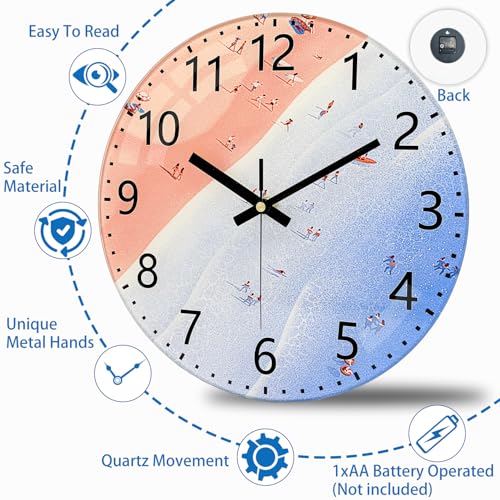 Pink Beach Wall Clocks, 8 Inch Glass Silent Battery Operated Clock - color: Pink Blue, size: 8 Inch