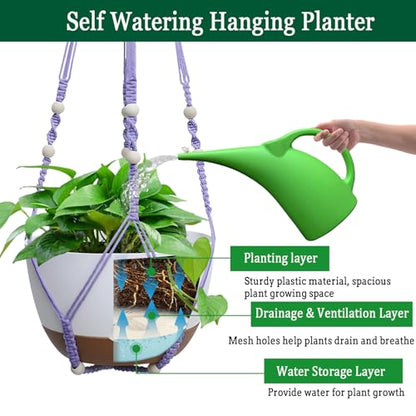 Koalaime 2 Pack Hanging Planters Set,10 Inch Indoor Outdoor Hanging Plant Pot Basket,Hanging Flower Pot with Drainage Hole with 3 Hooks for Garden Home(Purple Hanger White Planters) - color: Purple Hanger White Planters