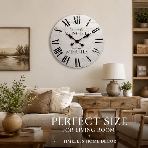 24 Inch Inspirational Farmhouse Wall Clock, Silent Non-Ticking, White Distressed Shiplap Wood, Battery Operated Rustic Quartz Clock for Living Room, Kitchen, Bedroom, Home Office Decor