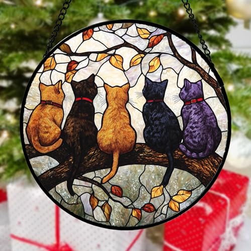 5 Cats on a Branch Stained Glass Window Hanging Suncatcher Gifts 15" - color: Black, size: 14.9x14.9 IN